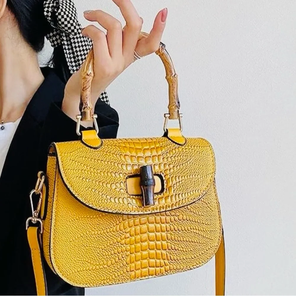 Elegant Yellow Crocodile Satchel with Bamboo Handle - Picture 2 of 3